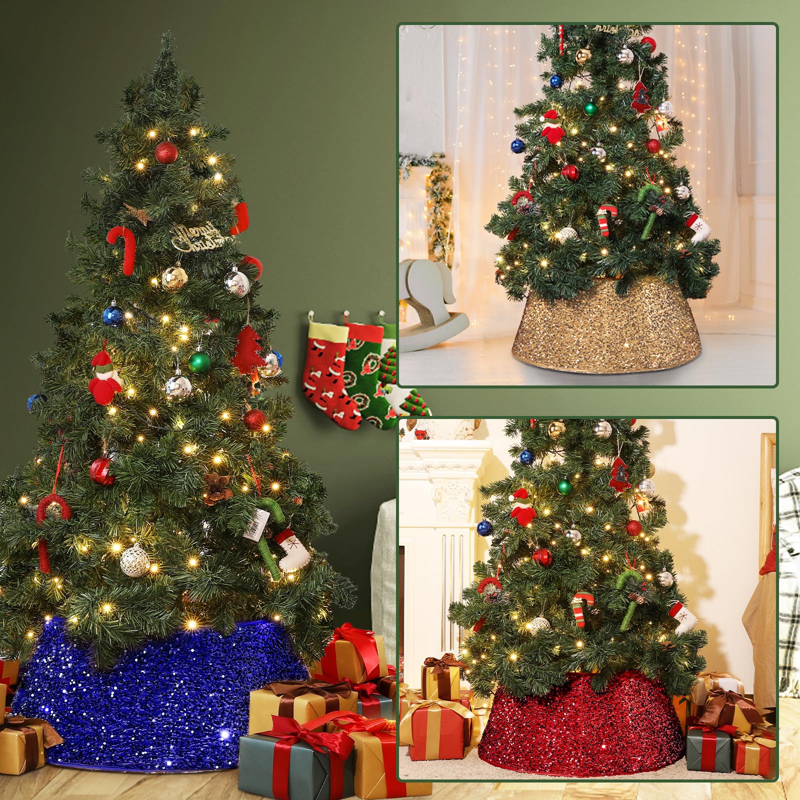 26 Inch Christmas Tree Collar with Sequin - Large Xmas Tree Stand Base Cover, Foldable Holiday Decor for Home & Party (Blue) | Perfect for Living Room, Office & Christmas Party Decoration