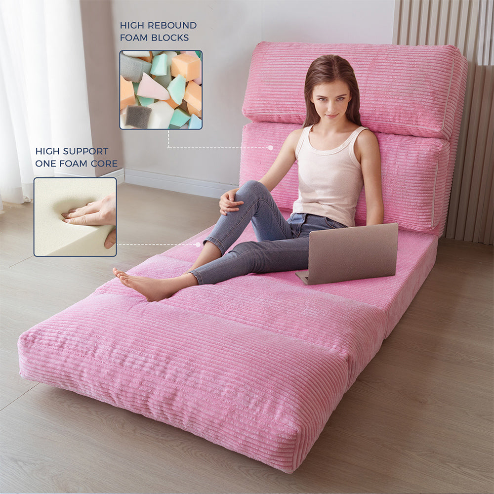 MAXYOYO Folding Sofa Bed - Extra Wide Corduroy Floor Bed in Pink | Convertible Sleeper for Small Spaces, Guest Room & Dorm | Comfortable Lounge Chair for Living Room, Bedroom & Office