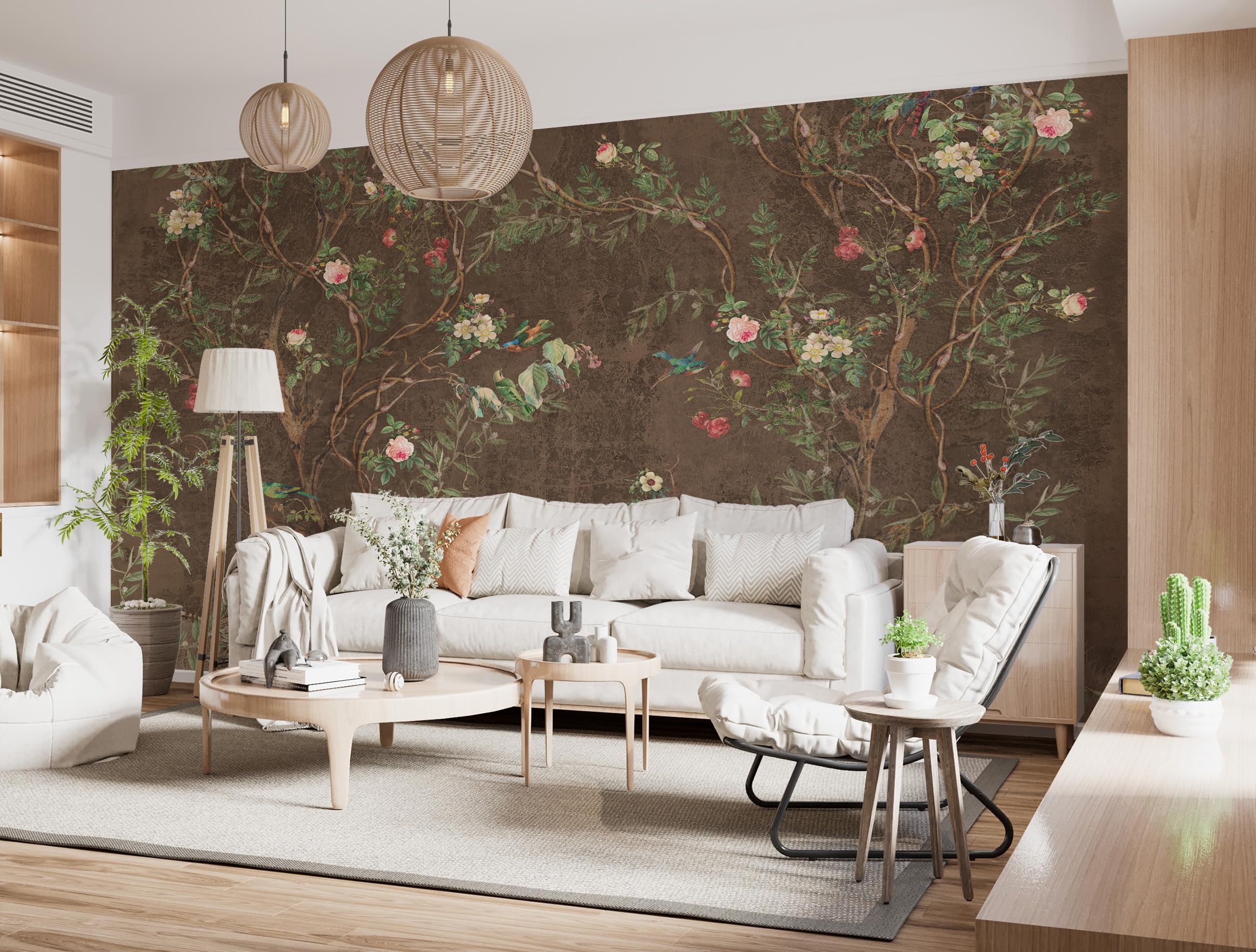 Chinoiserie Floral Bird Wallpaper - Brown Background Peel and Stick Removable Wallpaper - 67