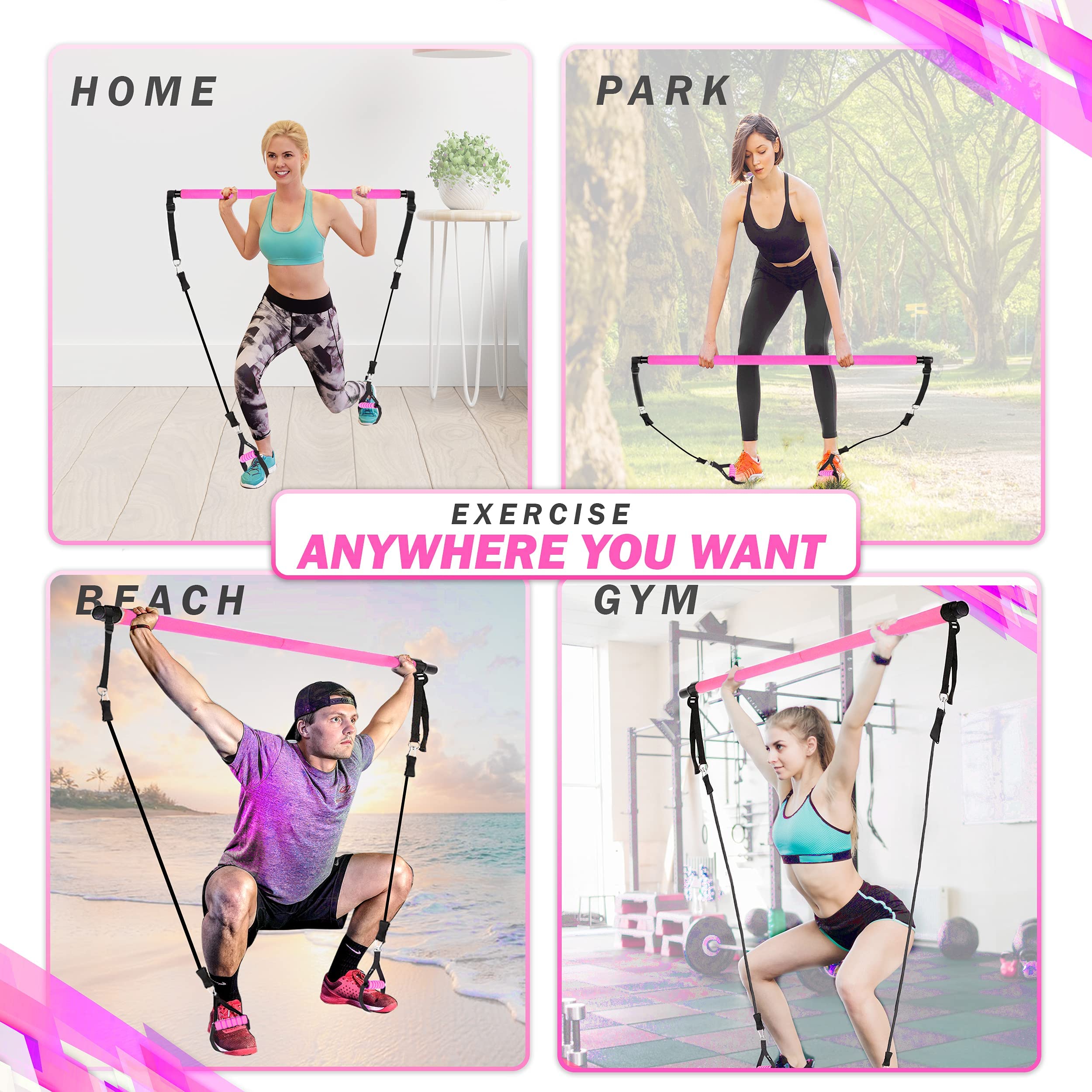 Pilates Bar Kit with Resistance Bands - 3-Section Adjustable Yoga Stick for Home Workouts - Portable Exercise Equipment for Men & Women - Full Body Toning, Stretching & Yoga Training - Perfect for Home Gym, Office & Travel Fitness