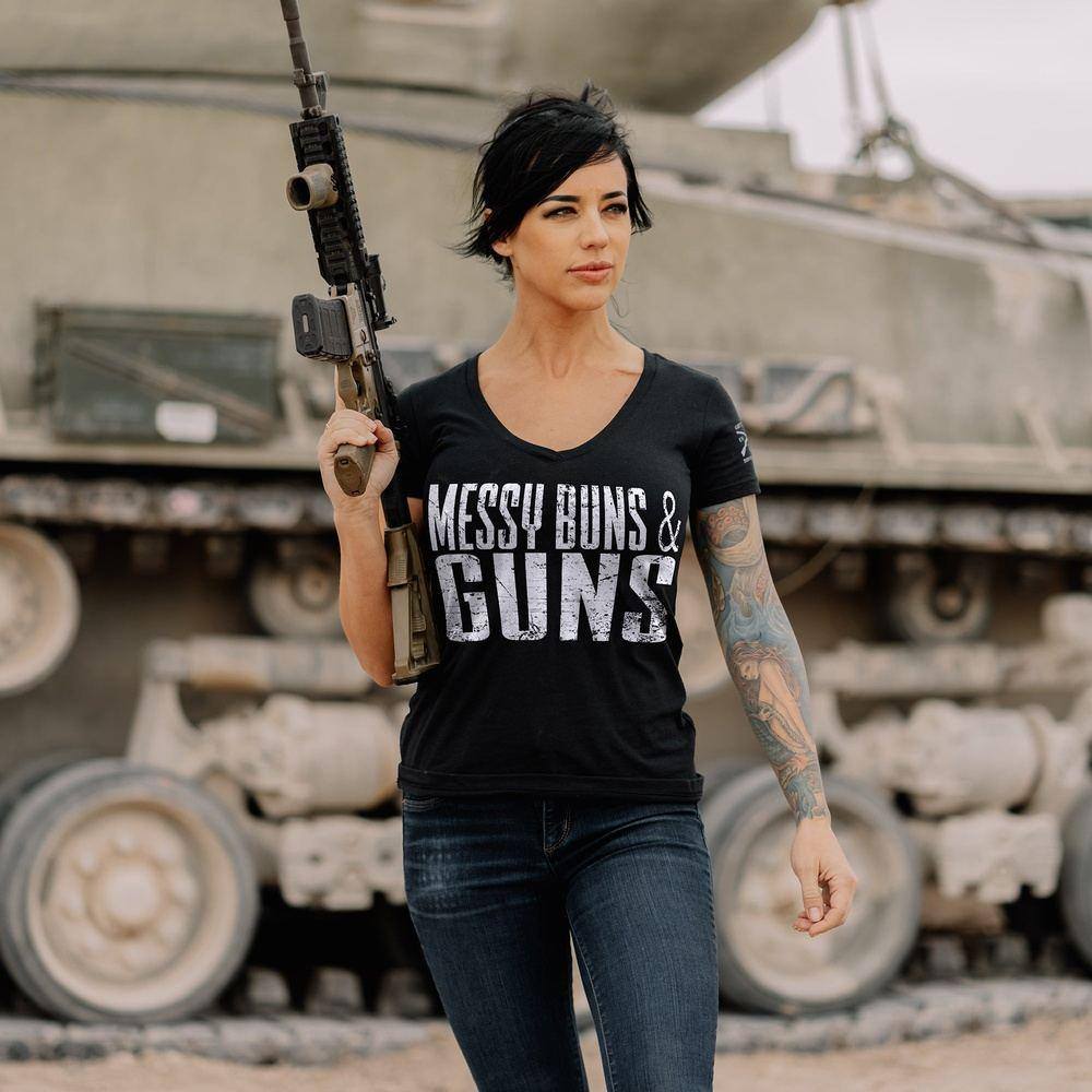 Women's Messy Buns & Guns V-Neck T-Shirt - Black | Soft Cotton Casual Tee for Workout, Gym & Everyday Wear