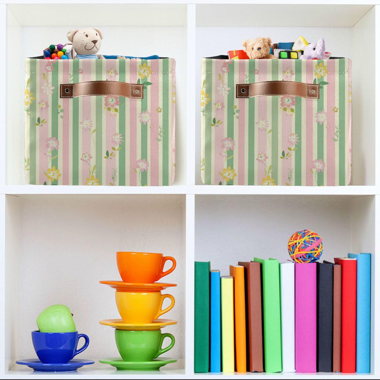 Foldable Striped Flower Large Square Storage Basket Bin with Handles (2-Pack) - Multi-Functional Organizer for Closet, Shelf, Nursery | Perfect for Storing Toys, Books, Clothes & Home Organization