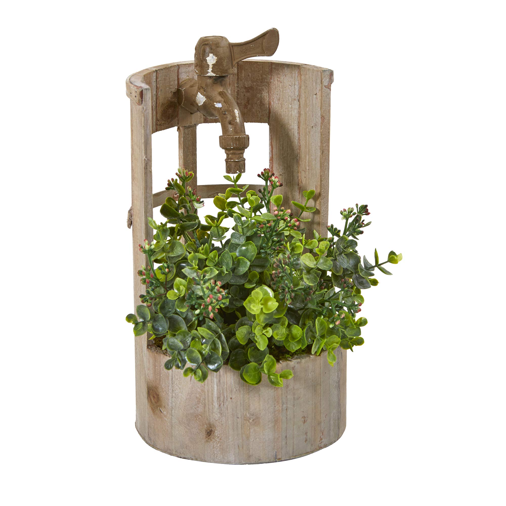 Nearly Natural 12in Mini Eucalyptus & Sedum Artificial Faucet Planter - Realistic Silk Plants for Home Decor, Kitchen, Bathroom, Office Desk | Green Faux Plants for Indoor Greenery & Farmhouse Style