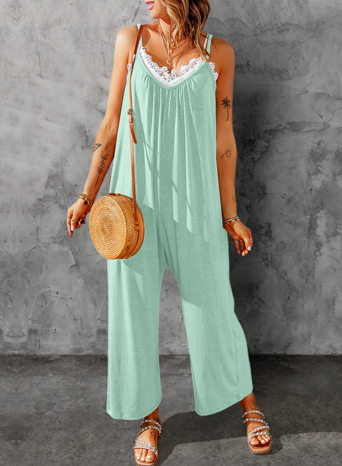 Dokotoo Women's Summer Sleeveless Jumpsuit - Adjustable Spaghetti Strap, Stretchy Loose Fit Long Romper with Pockets | Casual Outfit for Beach, Travel & Everyday Wear