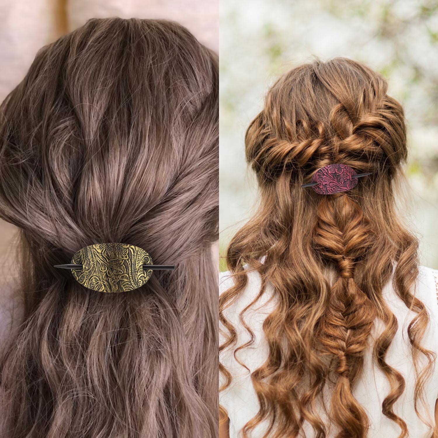 Noverlife 6PCS Bohemian Style Hair Barrettes with Wooden Stick - Faux Leather Oval Hair Clips, Ponytail Holders & Slider Pins for Women & Girls | Perfect for Weddings, Parties & Everyday Styling