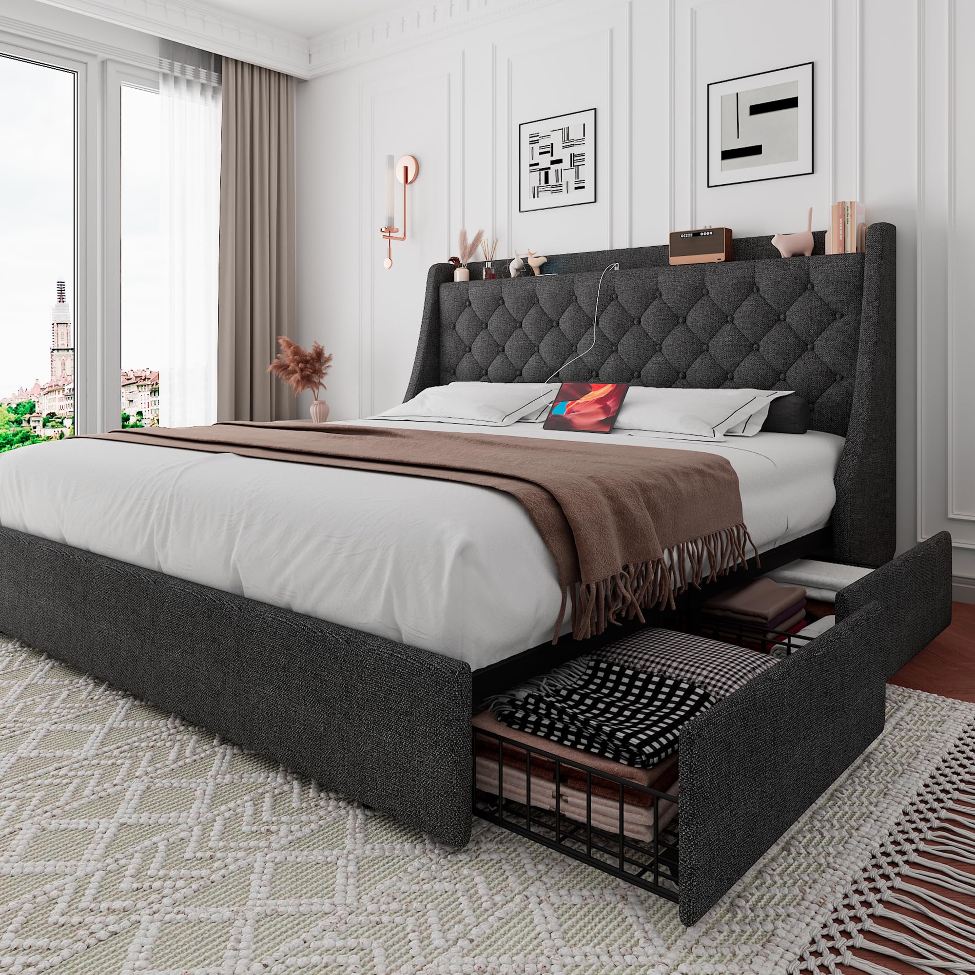 iPormis Queen Bed Frame with 4 Storage Drawers & USB/Type-C Ports - Upholstered Platform Bed with Wingback Headboard, Solid Wood Slats, No Box Spring Needed (Dark Gray) - Perfect for Small Bedrooms, Guest Rooms & Space-Saving Storage Solutions