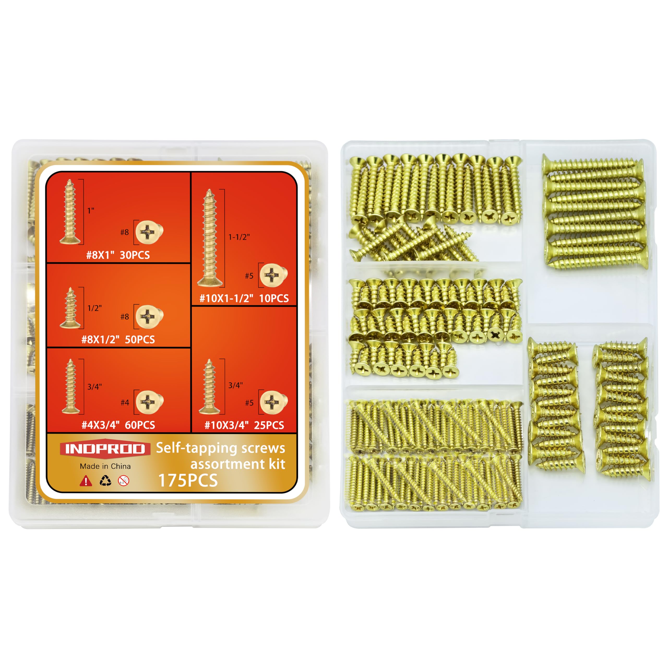 175 Pcs Brass Plated Wood Screw Assortment Kit - #4 #8 #10 Phillips Flat Head Self Tapping Drywall Screws for Interior Construction | Carbon Steel Indoor & Outdoor Use | Perfect for DIY Projects, Furniture Assembly, and Home Repairs