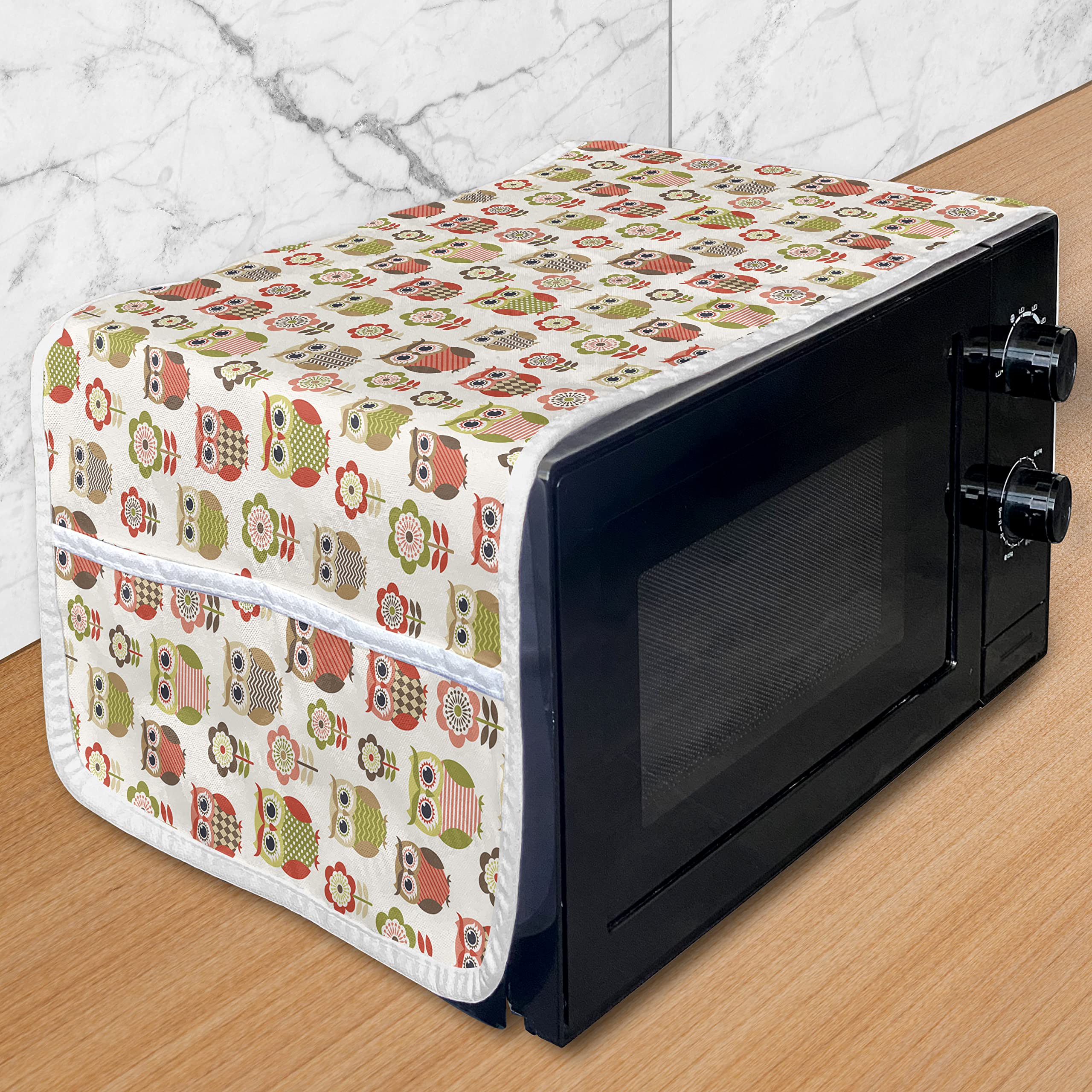 Ambesonne Retro Owl Microwave Cover - Waterproof Kitchen Organizer with Pockets, 36