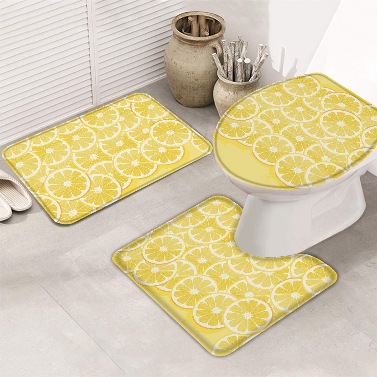 3-Piece Bathroom Rug Set - Non-Slip Lemon Slice Design with U-Shaped Toilet Mat & Lid Cover | Absorbent, Washable Bath Mats for Home Decor | Perfect for Bathroom Safety and Style