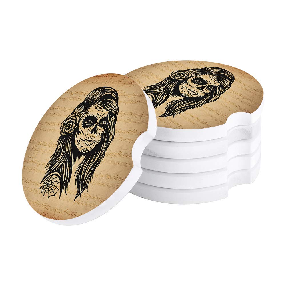 Vintage Rose Skull Girl Ceramic Car Coasters - 6 Pack Absorbent Car Cupholders with Finger Notch for Easy Removal - Perfect for Cars, Trucks, and SUVs