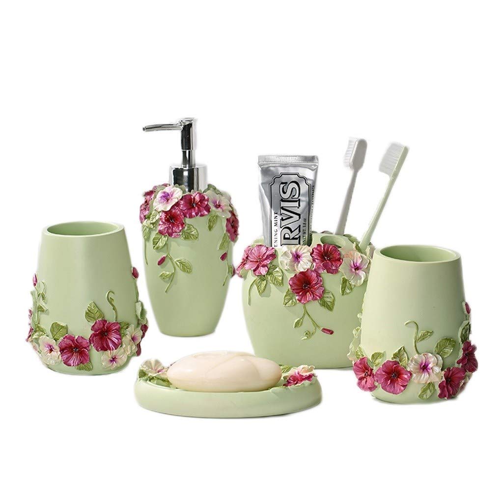 Rustic Resin Bathroom Accessory Set - 5-Piece Soap Dish, Soap Dispenser, Toothbrush Holder & Rinse Cup Gift Box (Green) - Perfect for Farmhouse, Vintage & Spa Style Bathrooms