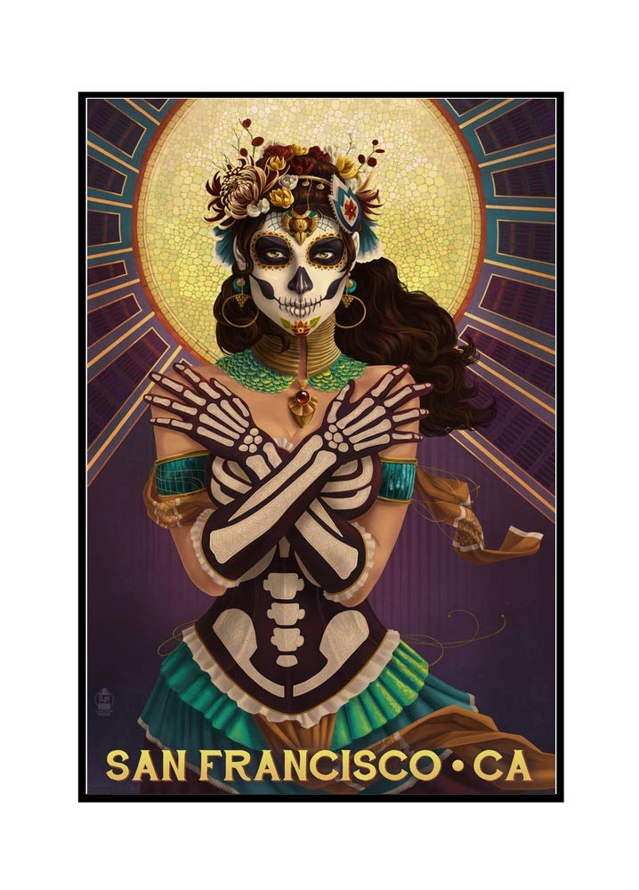 San Francisco California Day of the Dead Crossbones Framed Canvas Art Print (24x36 Inch) - Perfect for Halloween Decor, Gothic Home Decor & Mexican Culture Themed Rooms