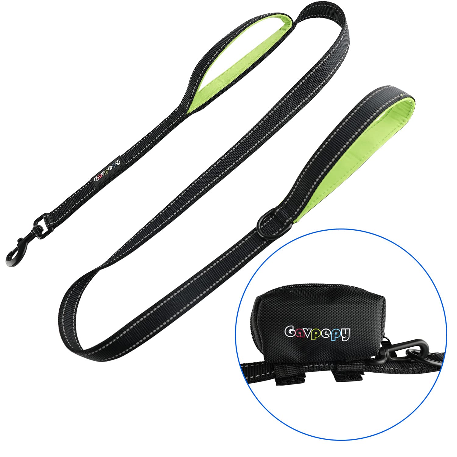 Gavpepy 3M Reflective Heavy Duty Dog Leash - 6ft Long with Traffic Padded Handle & Poop Bag Dispenser - Double Handle Training Lead for Large & Medium Dogs - Perfect for Night Walks, Jogging & Outdoor Adventures