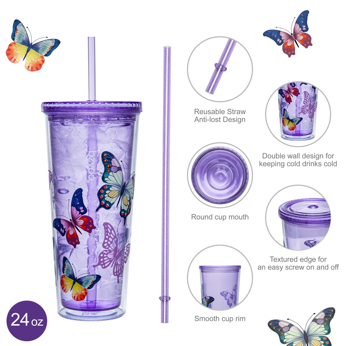 24oz Double Wall Insulated Plastic Tumbler with Lid & Straw - Butterfly Purple | Leak-Proof Travel Mug for Coffee, Tea & Cold Drinks | Office, Gym & Outdoor Use