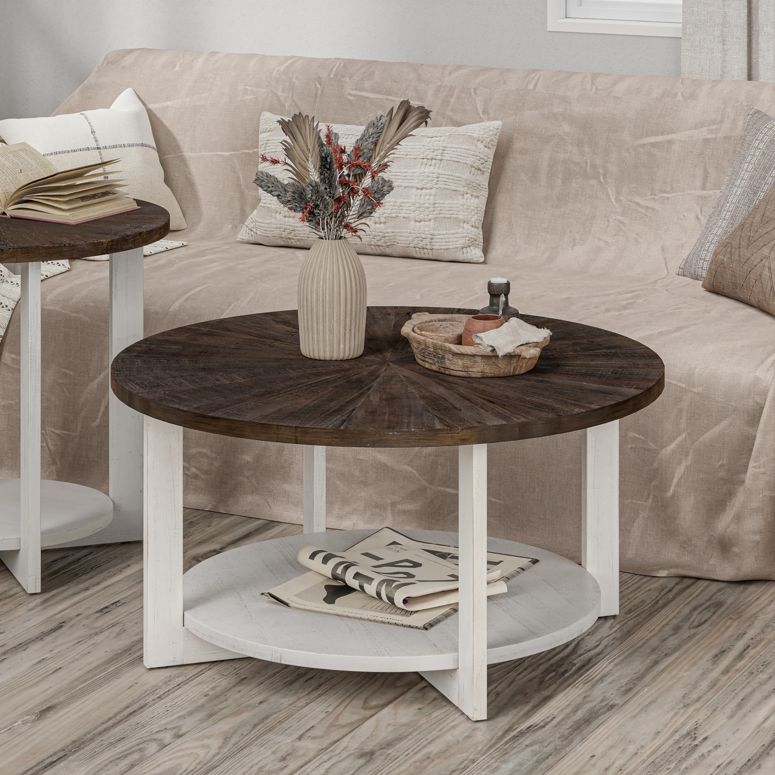 Rustic Round Wood Coffee Table with Storage - Distressed Farmhouse Style Large Circle Table for Living Room, Brown, 32
