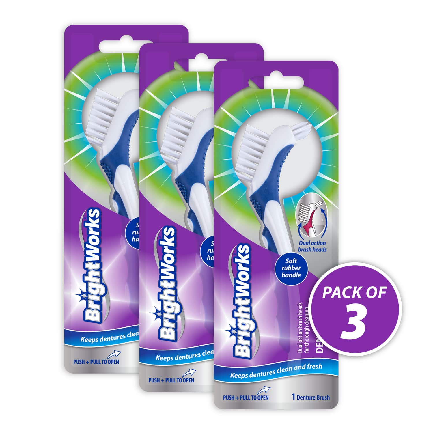 Premium Denture Brush with Dual-Action Bristles - Gentle Cleaning for Dentures & Partials - 3-Pack Manual Denture Cleaner Brush - Perfect for Daily Dental Care & Travel Hygiene