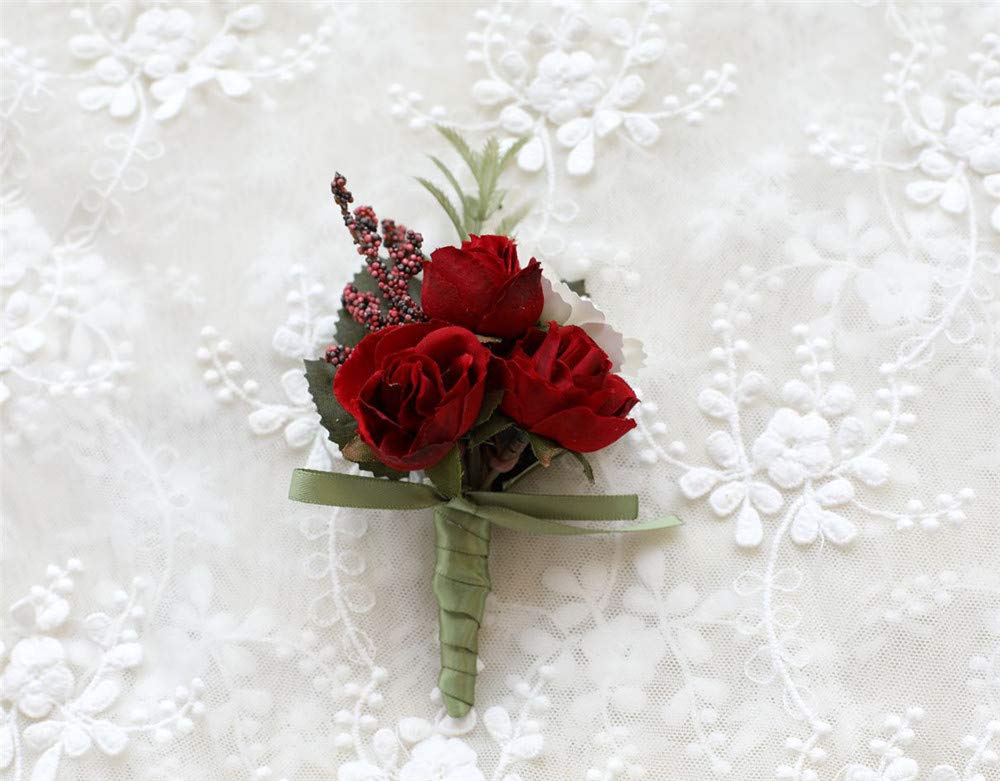 Artificial Rose Wedding Corsage & Boutonniere Set - Red Silk Flower Prom Party Suit Decoration for Bridesmaids, Groomsmen, Homecoming & Formal Events