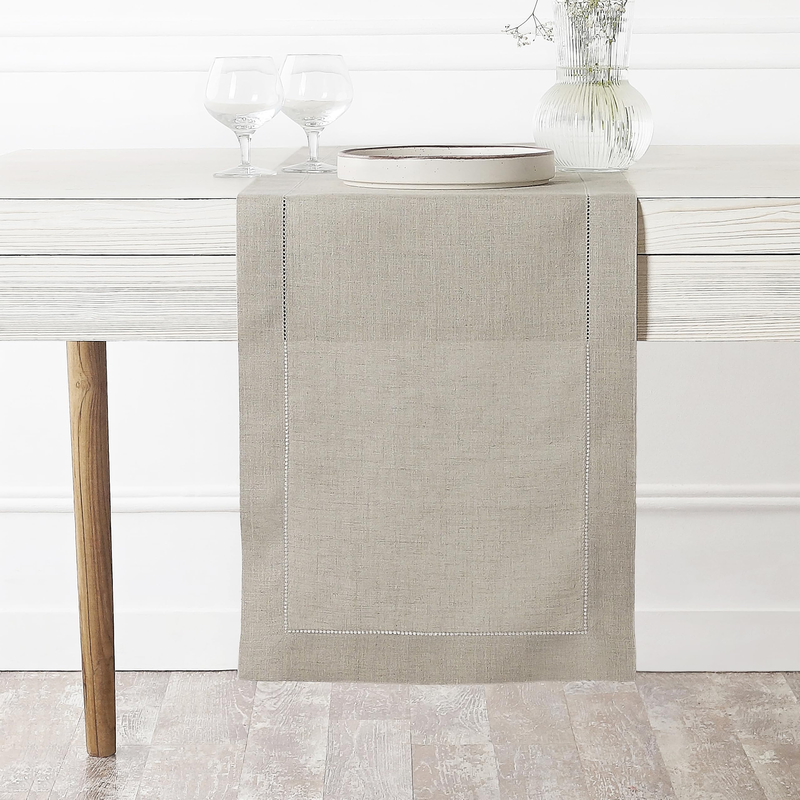 D'Moksha Homes 100% Pure Linen Table Runner 14x108 Inch - Classic Hemstitch Natural Farmhouse Tablecloth Decor - Machine Washable Dining Table Runner for Easter, Thanksgiving, Wedding & Home Decor