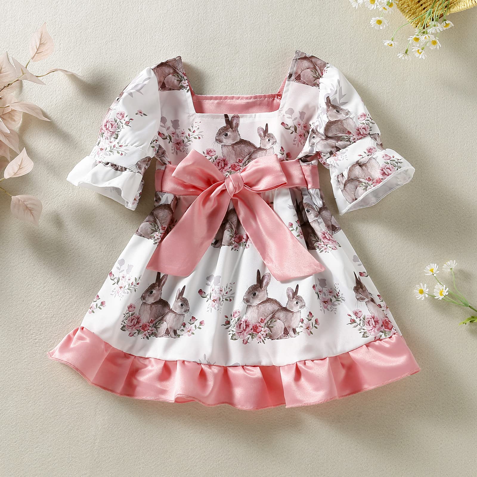 Easter Bunny Print Baby Girl Dress - Short Puff Sleeve/Sleeveless Ruffle A-Line Princess Dress for Toddlers 12-18 Months (Pink with Rabbits) | Perfect for Easter Celebrations, Spring Photoshoots & Special Occasions