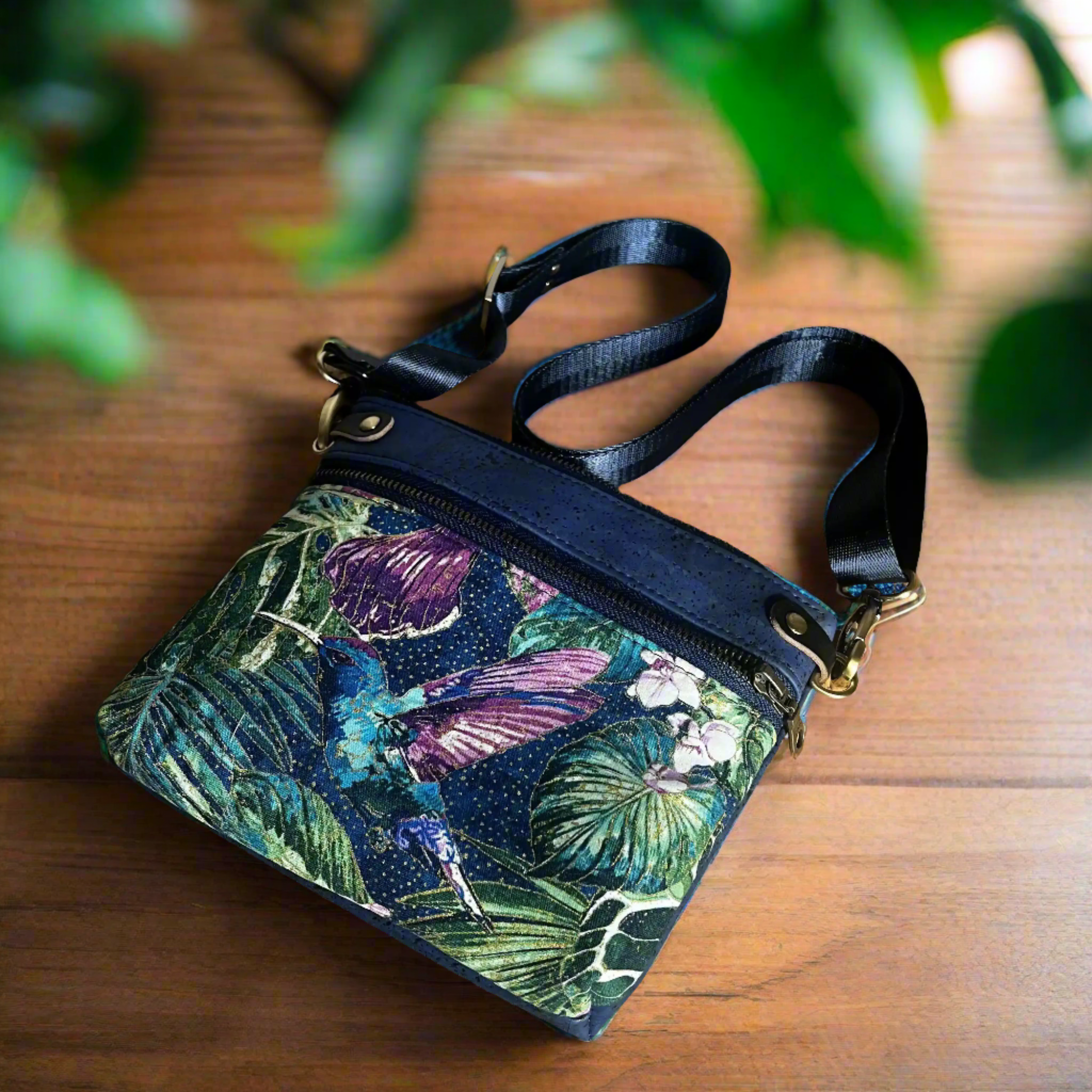 Izzy's Mom Cross Body Bag (Medium) - Cork Blue Hummingbird Print & Brushed Antique Leather | Stylish Women's Shoulder Purse for Daily Use, Travel & Shopping