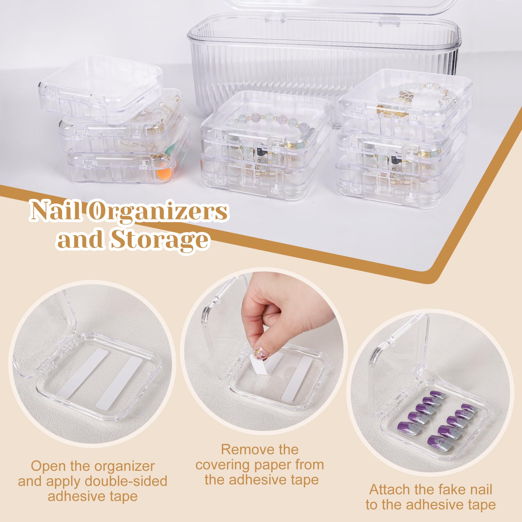 8 PCS Double Layer Press on Nail Storage Case with 60 Adhesive Tapes - Clear Acrylic Nail Organizer Box for Fake Nails Display, Salon Storage & Travel Nail Art Accessories Organization
