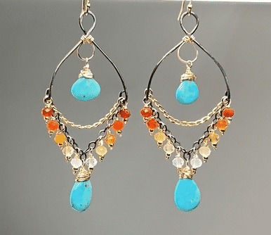 Turquoise Gemstone & Mexican Fire Opal Mixed Metal Chandelier Earrings for Women | Boho Chic Jewelry for Parties, Weddings & Special Occasions