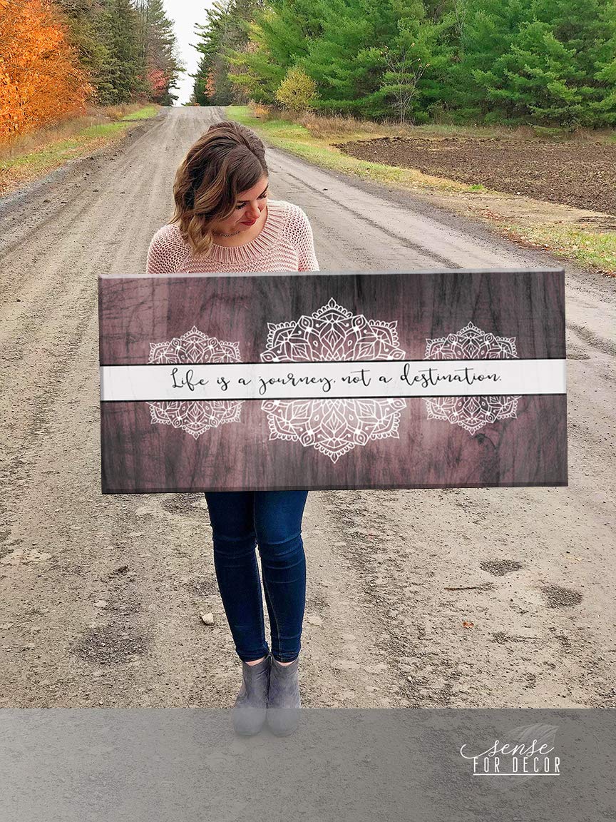 Boho Life Is A Journey Sign - Large Canvas Wall Art with Bohemian Floral Pattern | Modern Home Decor for Bedroom | Framed Wall Poster in Dusty Pink (42x19) - Perfect for Bohemian Style Bedrooms, Living Rooms & Office Spaces