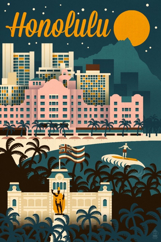 Honolulu Hawaii Retro Skyline Art Print - 36x54 Giclee Gallery Quality Wall Decor Poster | Perfect for Beach House, Travel Lover Gift & Tropical Home Decor