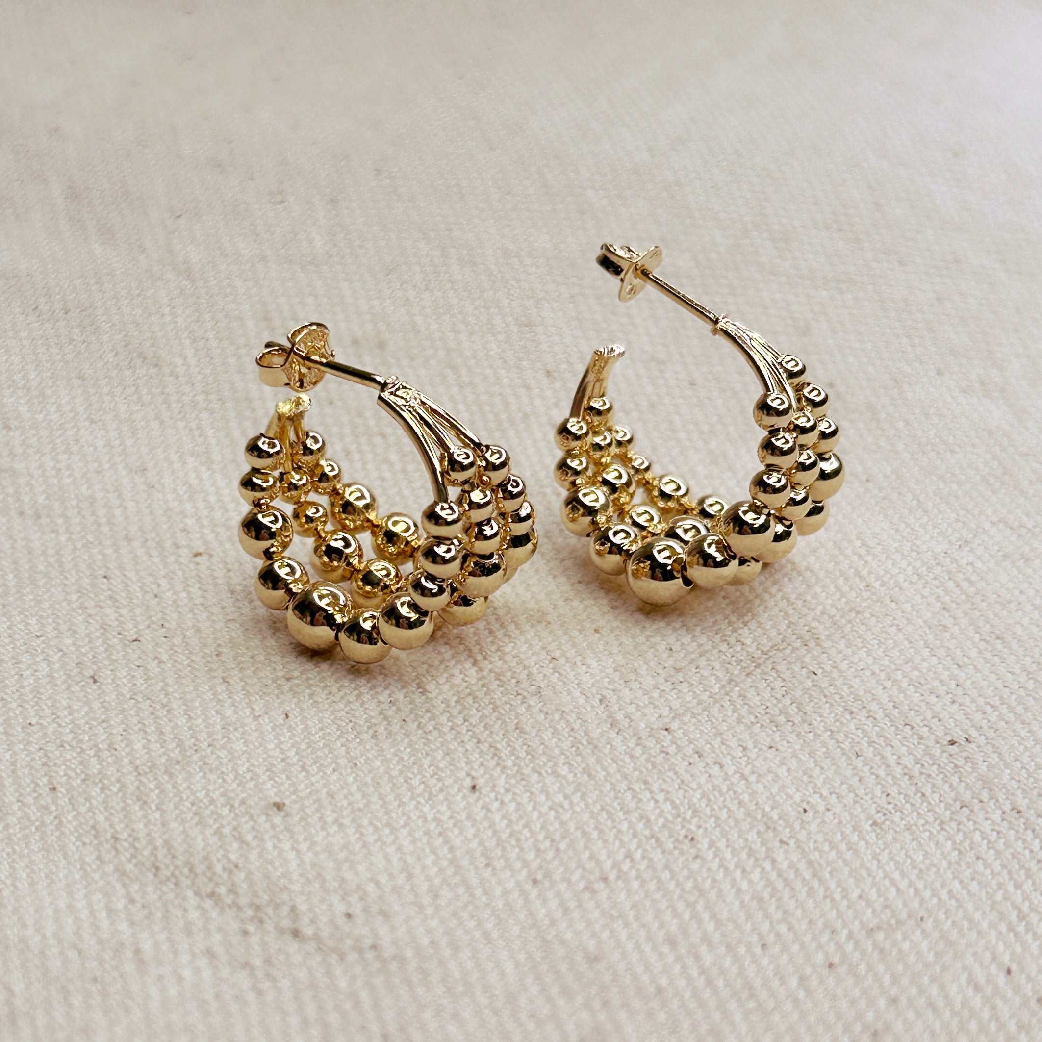 18K Gold Filled Triple Line Beaded C Hoop Earrings for Women - Elegant Dainty Huggie Hoops - Perfect for Everyday Wear, Date Night & Gift Giving