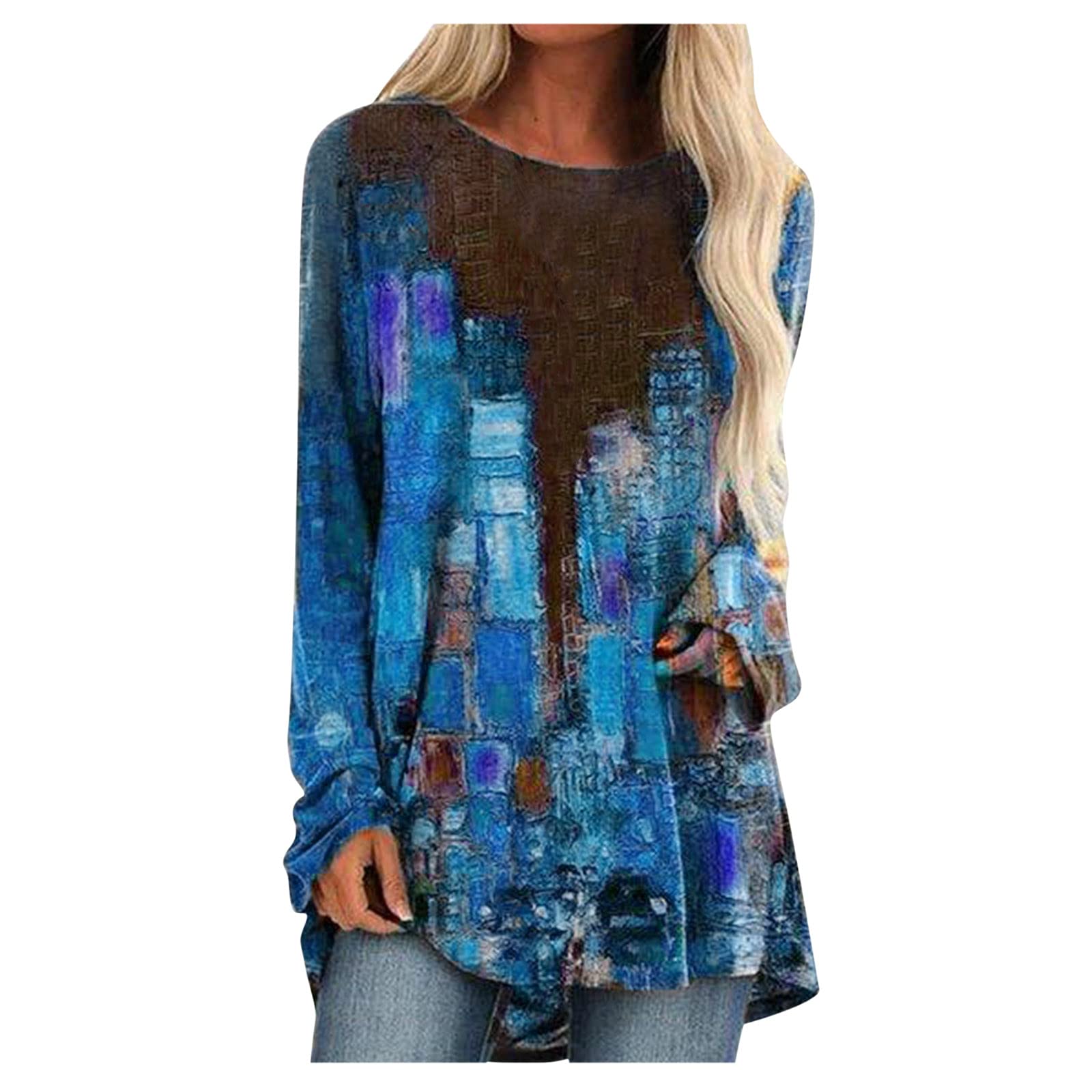 Women's Long Sleeve Sunflower Printed Shirt - Elegant Oversized Retro Round Neck Loose Blouse for Fall, Casual Wear, Work & Outdoor Activities