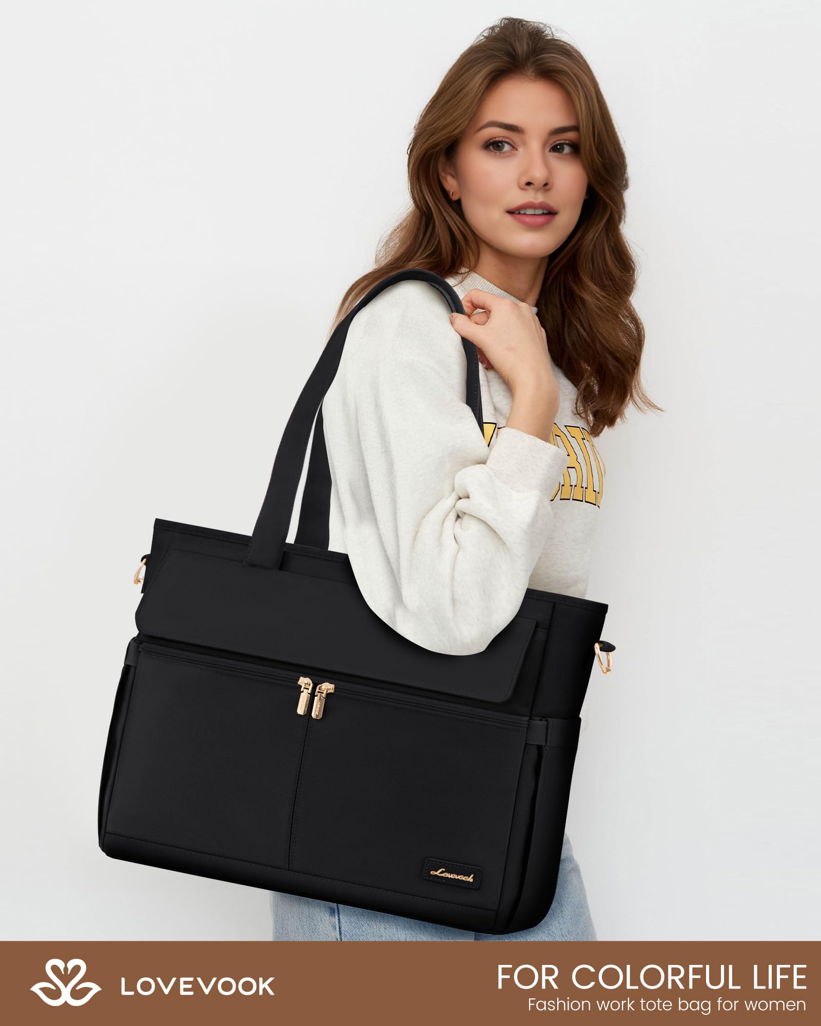 LOVEVOOK 15.6 Inch Women's Work Tote Bag with Laptop Compartment - Large Capacity Professional Teacher Bag, Casual Computer Briefcase for Office, Travel, Nurse, and School - Black