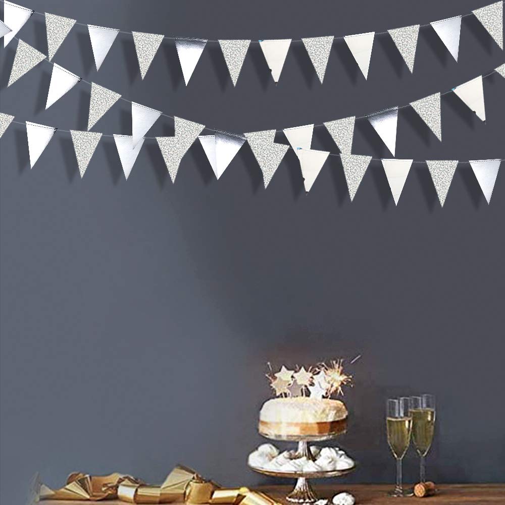 30 Ft Silver Glitter Metallic Triangle Banner Garland - Party Decorations for Graduation, Wedding, Engagement, Anniversary, Bachelorette, Birthday, Baby & Bridal Shower - Perfect for Indoor & Outdoor Celebrations