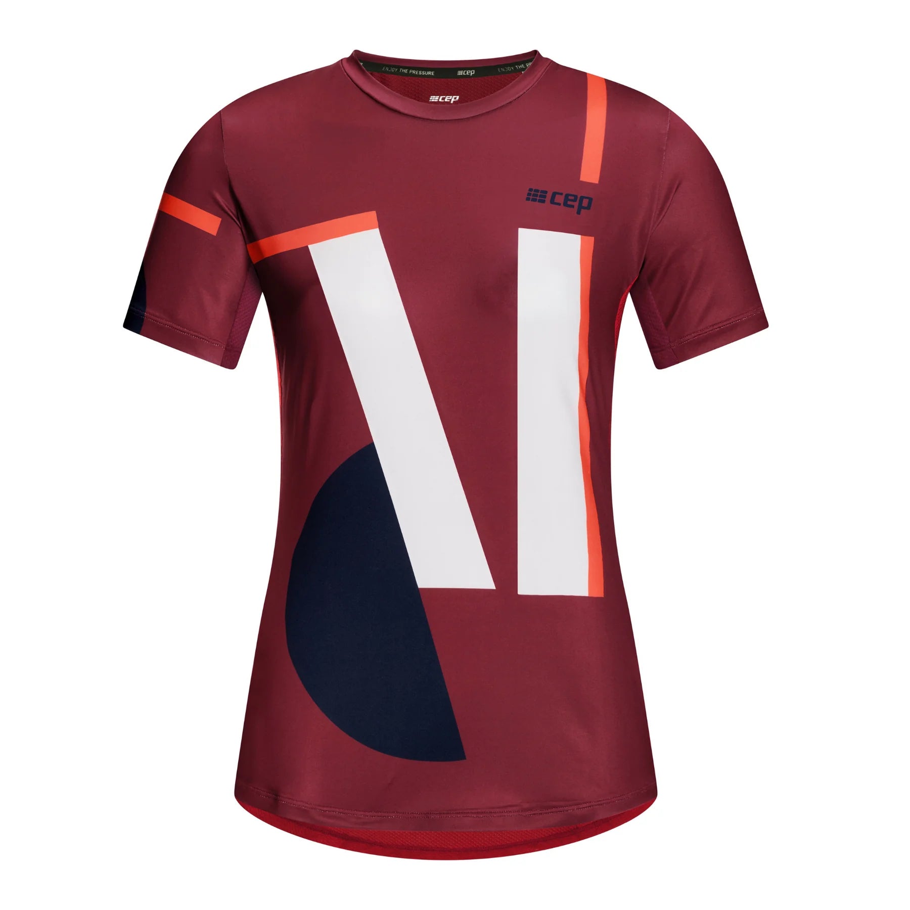 CEP Women's The Run Shirt - Round Neck Short Sleeve V5 Athletic Top - Dark Red Geometric Print Running Shirt for Women | Perfect for Jogging, Gym Workouts & Outdoor Activities