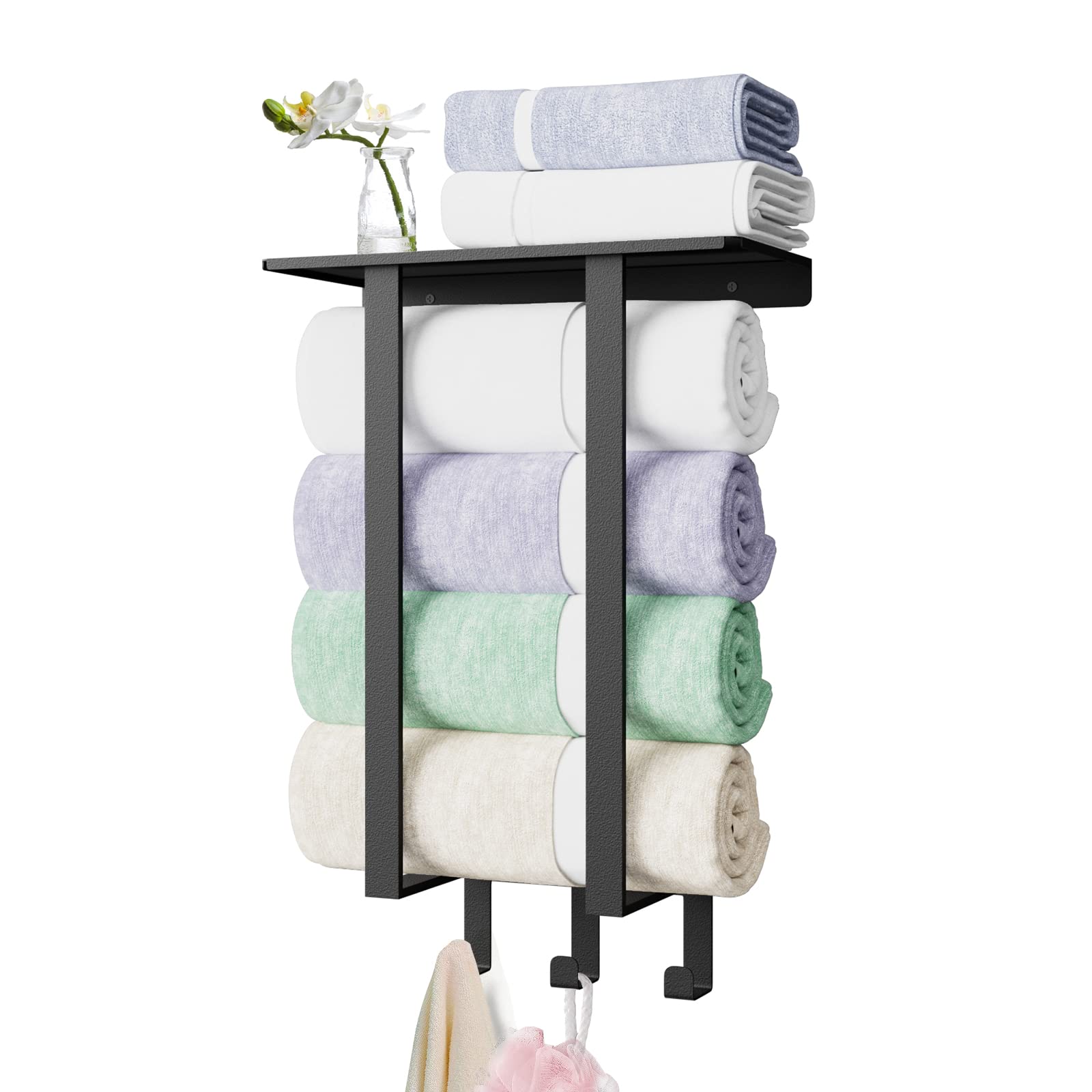 Premium Black Wall-Mounted Towel Rack with Shelf & 3 Hooks - Space-Saving Bathroom Storage Organizer for Rolled Towels, Robes & Accessories - Perfect for Small Bathrooms, Apartments & Spa-Style Decor