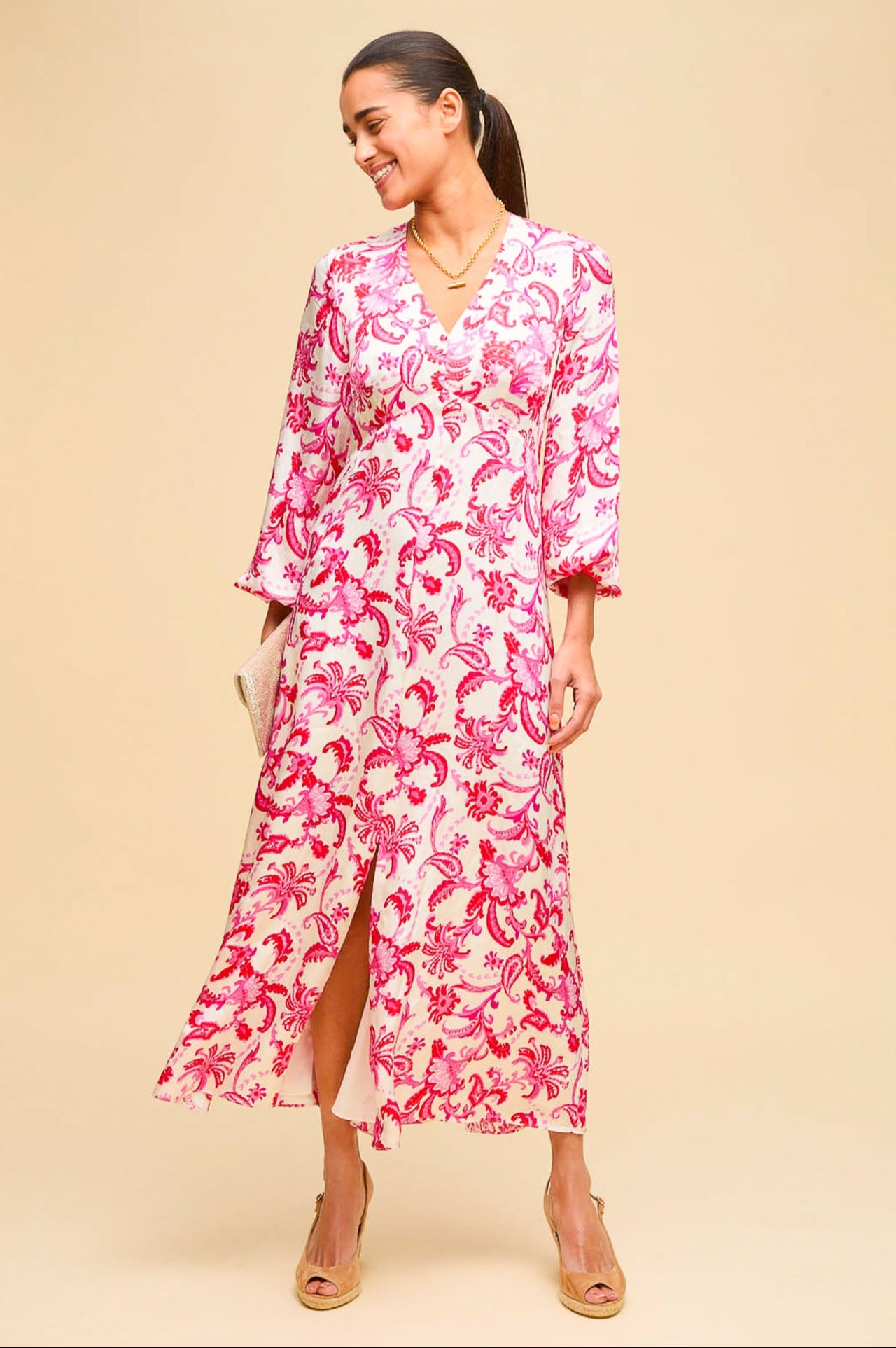 Hannah Satin Dress for Women - Elegant Paisley Floral Print in Cream, Red & Pink Colors | Perfect for Weddings, Parties & Special Occasions