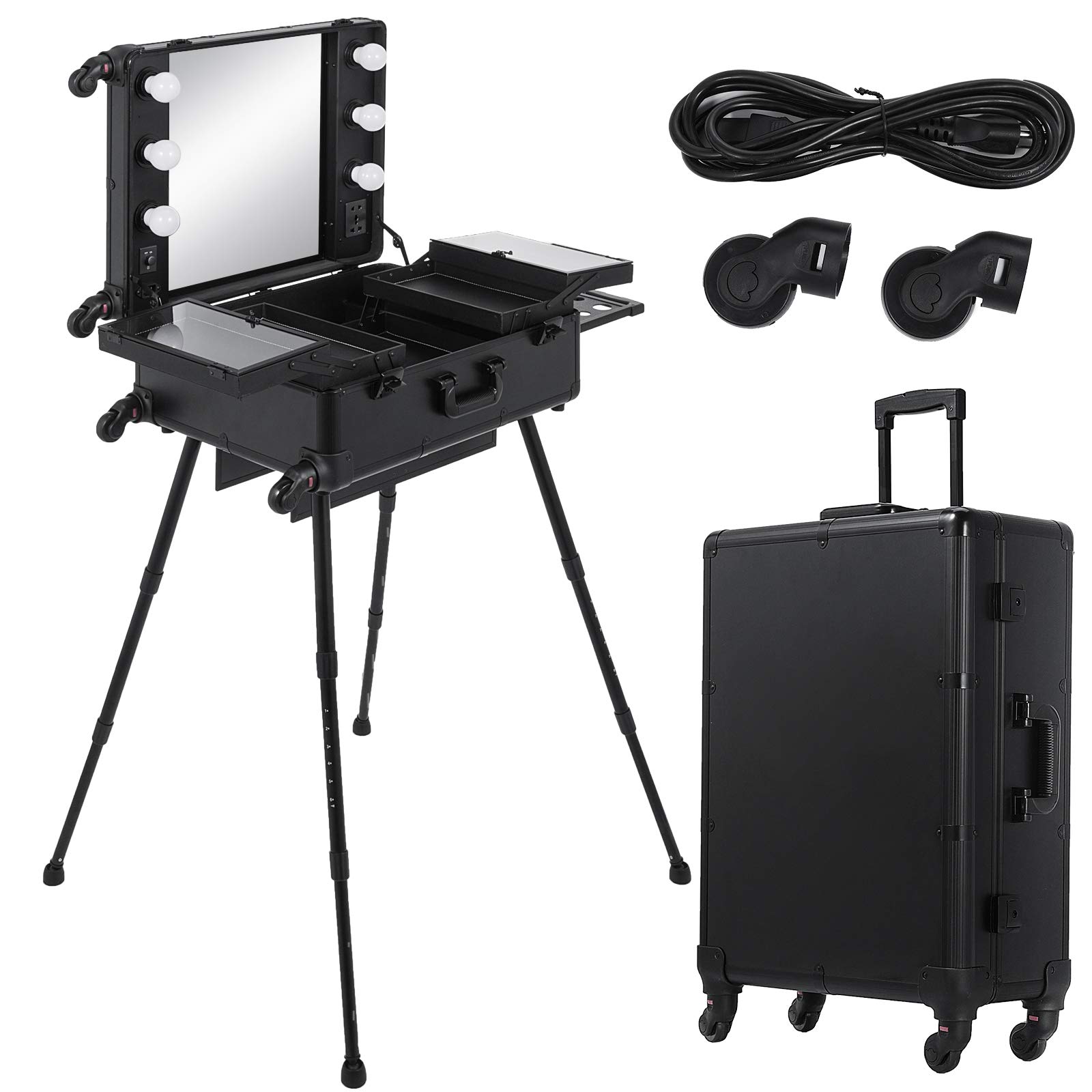 BuoQua Professional Rolling Makeup Station with Adjustable Legs & 6 Lights - 28 x 21 x 54 Inch Lockable Beauty Case for Cosmetic Artists, Home Salon & Studio (Black) - Perfect for Makeup Artists, Beauty Professionals & Home Vanity Organization