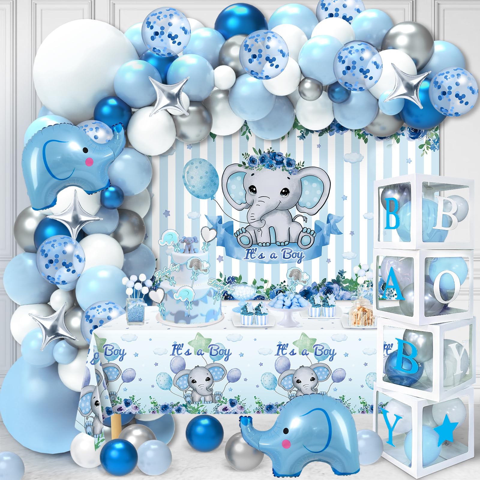 133pcs Blue Elephant Baby Shower Decorations Kit - Balloon Garland, Letter Boxes, Backdrop & Tablecloth for 