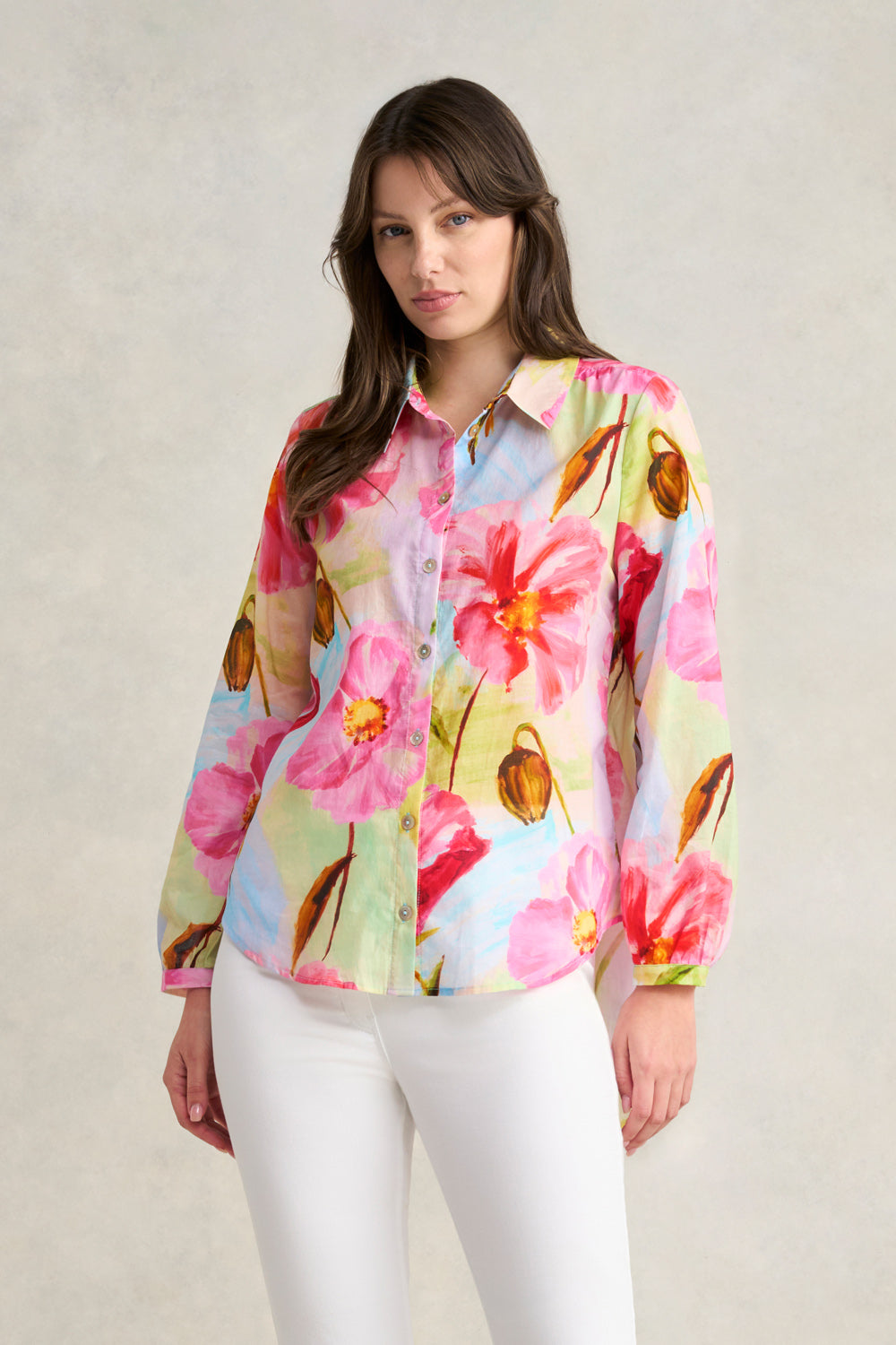 Stylish Hi-Low Printed Shirt - Painterly Meadow Floral Design | Trendy Asymmetrical Blouse for Women | Perfect for Casual Outings, Date Nights & Summer Vacations