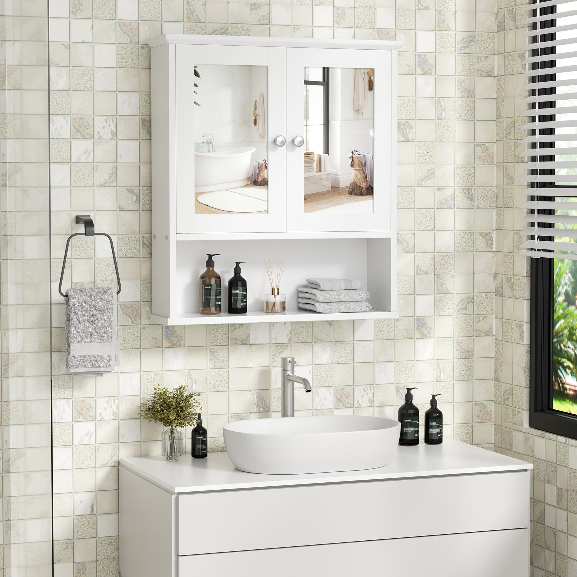 Shintenchi White Wooden Bathroom Medicine Cabinet with Mirror & Adjustable Shelves - Wall Mounted Storage Cupboard for Bathroom, Bedroom & Living Room Organization
