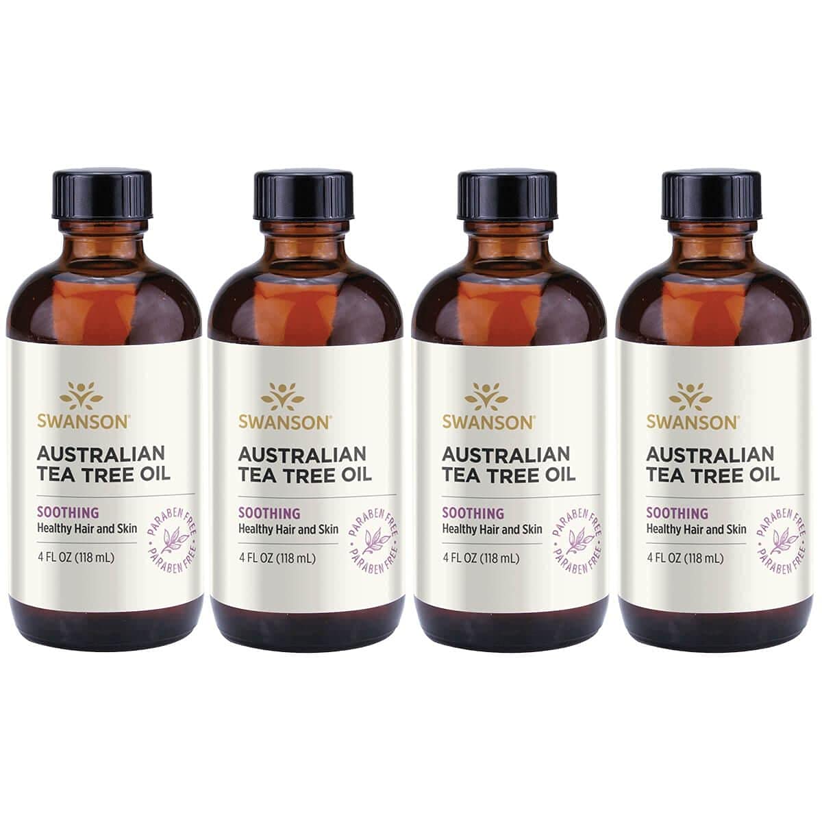 Swanson Tea Tree Oil 4 fl oz (118 ml) Pure Essential Oil - 4 Pack Bundle for Skin Care, Acne Treatment, Hair Growth & Aromatherapy | Perfect for DIY Beauty, Home Cleaning & First Aid Kit