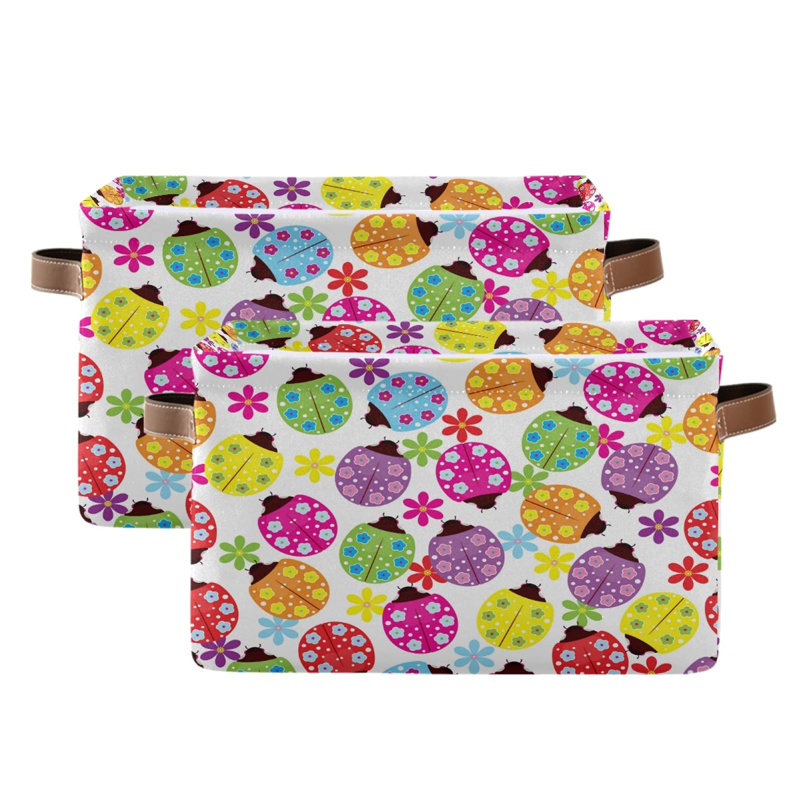 Collapsible Rainbow Ladybugs Storage Bins - 2 Pack Foldable Fabric Storage Cubes with Handles for Nursery, Closet, Bedroom & Office Organization | Perfect for Kids' Toys, Books & Home Decor