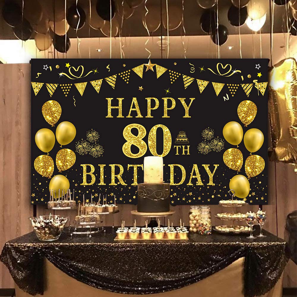 Trgowaul 80th Birthday Backdrop - Gold & Black 5.9x3.6ft Photography Background for Women & Men - Perfect for Birthday Party Decorations, Photo Shoots & Milestone Celebrations