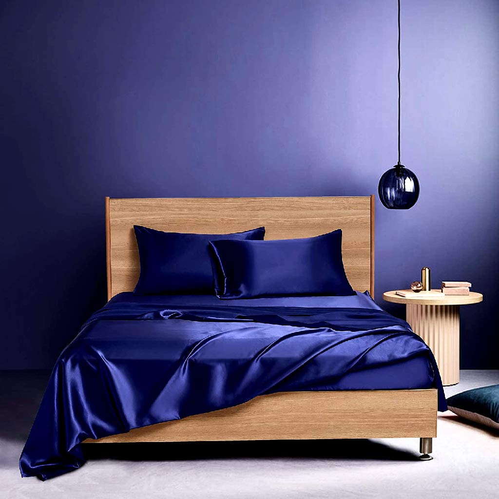 Luxury 6-Piece Royal Blue Silk Satin Bed Sheet Set - Queen Size (Flat Sheet, Fitted Sheet 15