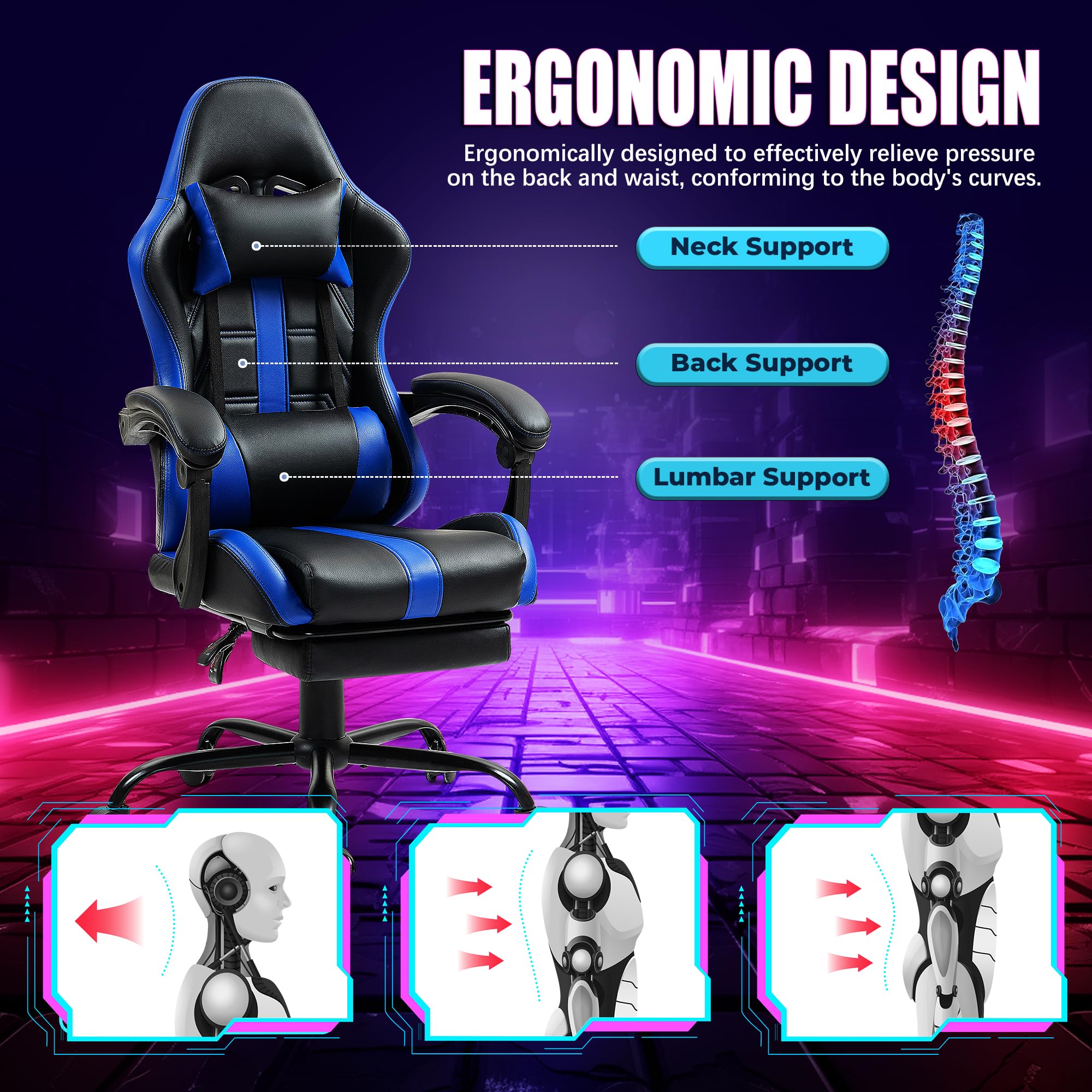 Ergonomic Massage Gaming Chair with Adjustable Footrest & Lumbar Support - PU Leather Office Computer Chair with 360° Swivel & Height Adjustment - Perfect for Home Office, Gaming Setup & Workstation Comfort (Blue)