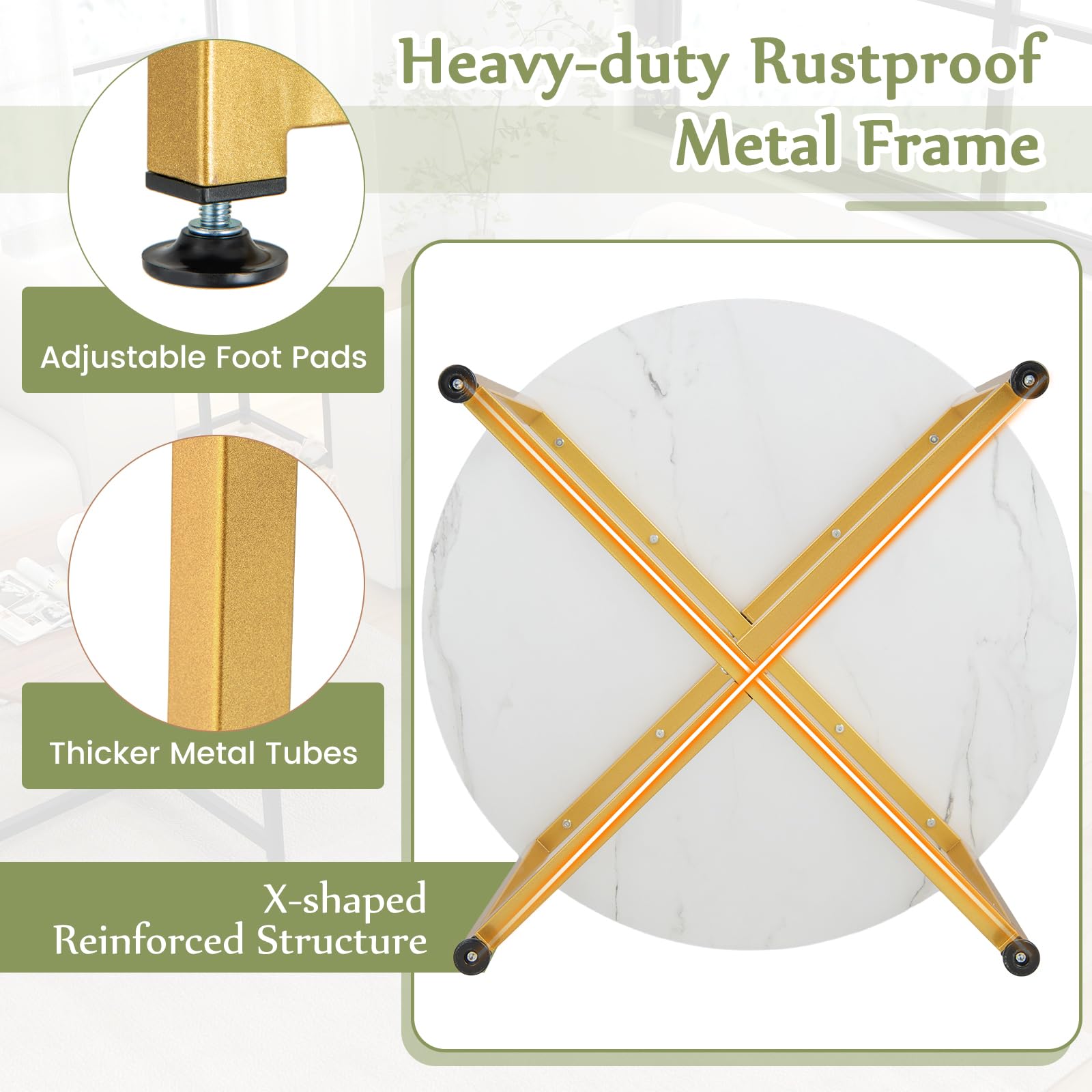 COSTWAY 3-Piece Coffee Table Set - Round Faux Marble Coffee Table & 2 Square End Tables with Sturdy Metal Frame, Modern Living Room Furniture for Small Spaces & Apartments (White & Gold) | Perfect for Compact Living Rooms, Studio Apartments & Cozy Home Decor