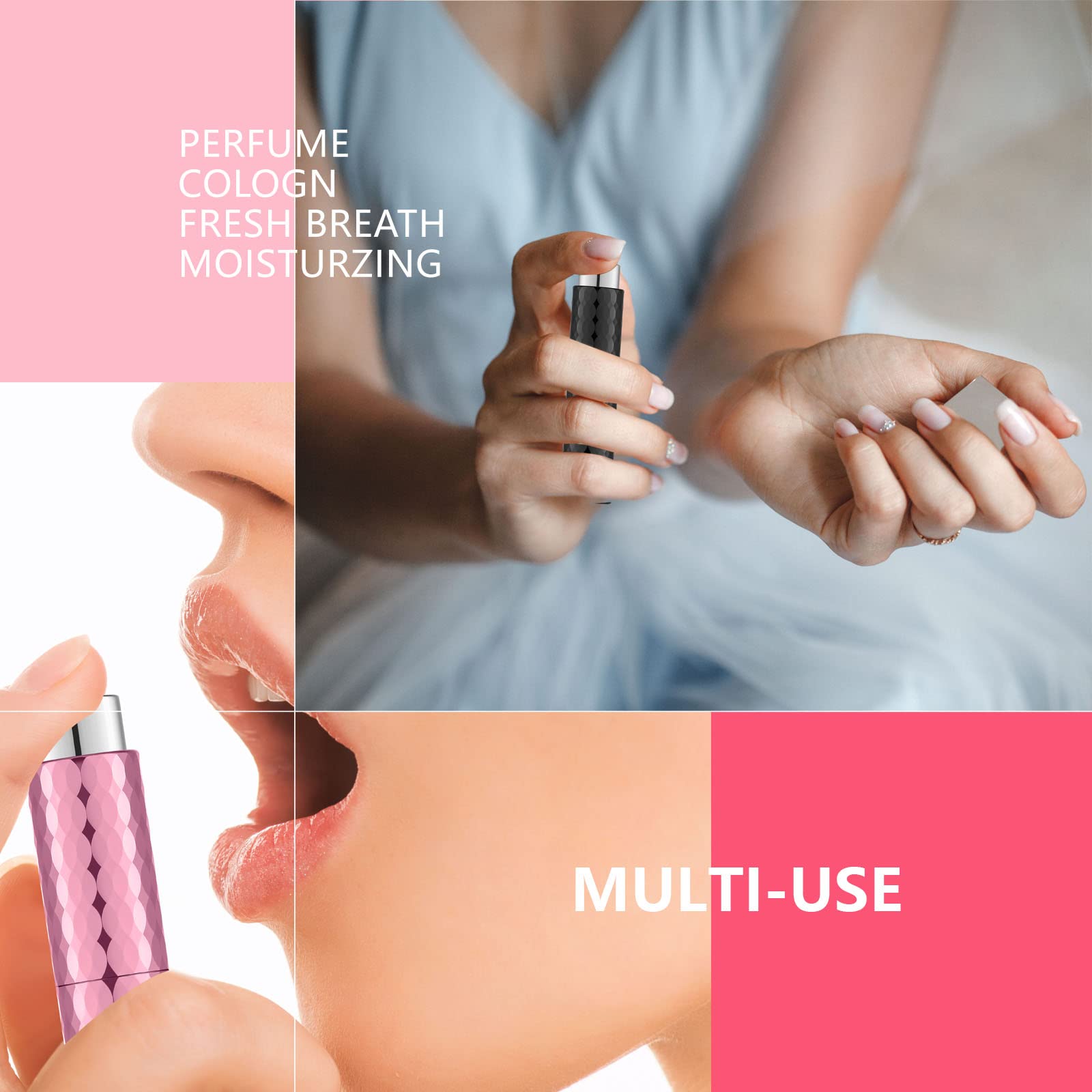 KOIBITO 4PCS/8ml Perfume Spray Bottle Set - Mini Empty Fine Mist Atomizer, Rotary Cologne Dispenser for Men & Women (Black/Gold/Silver/Pink) | Travel, Gym & Purse Essential