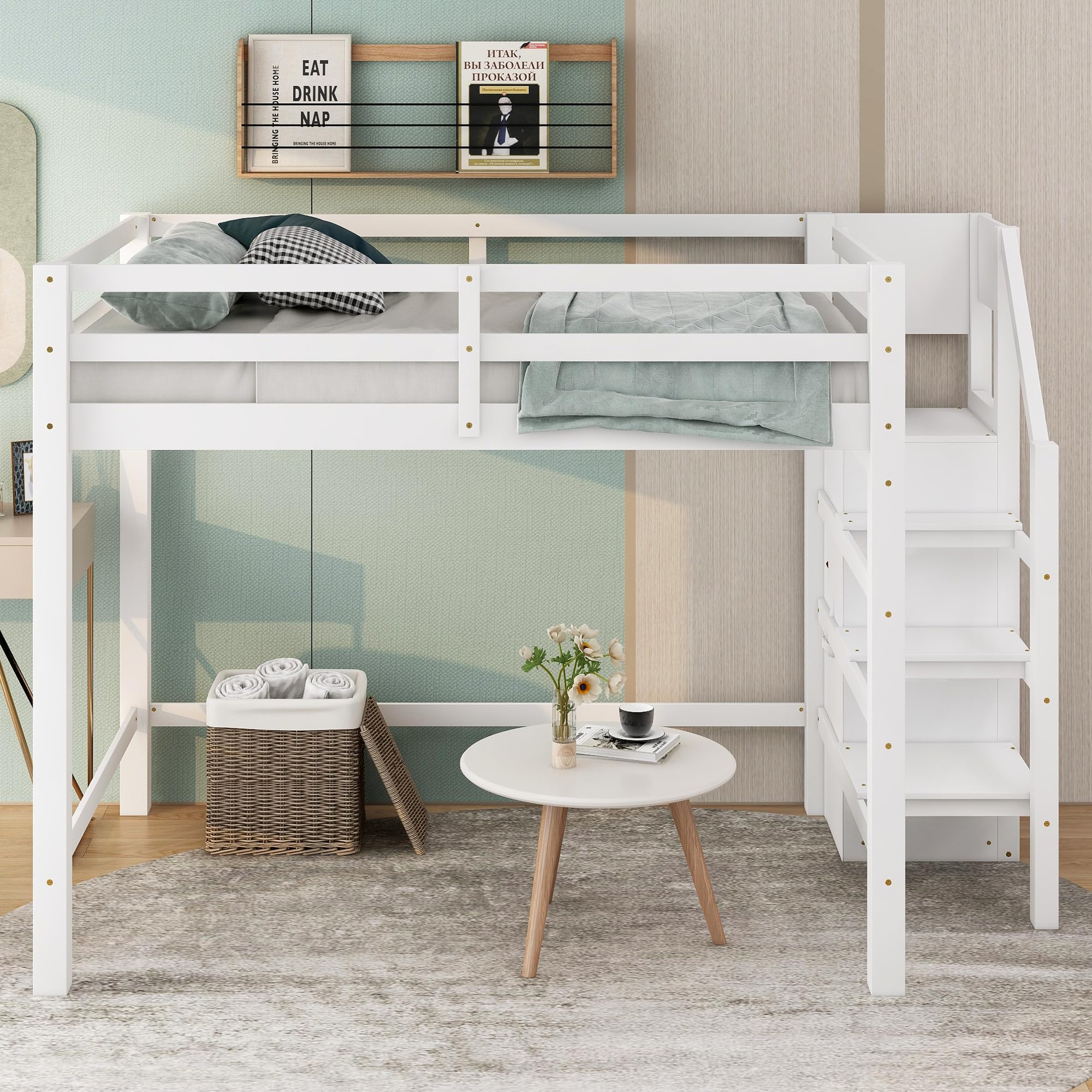 Full Size Loft Bed with Storage Staircase & Wardrobe - Wooden High Loft Bed Frame for Kids, Teens & Adults - Space-Saving Bedroom Solution for Small Rooms, Dorms & Apartments - White by Harper & Bright Designs