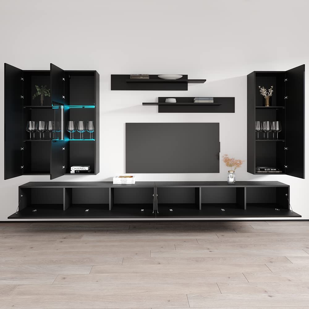 Modern Floating TV Stand with Storage & LED Lights - Wall-Mounted Entertainment Center for Bedroom & Living Room - Black TV Console with Shelves - Perfect for Small Spaces & Home Theater Setup