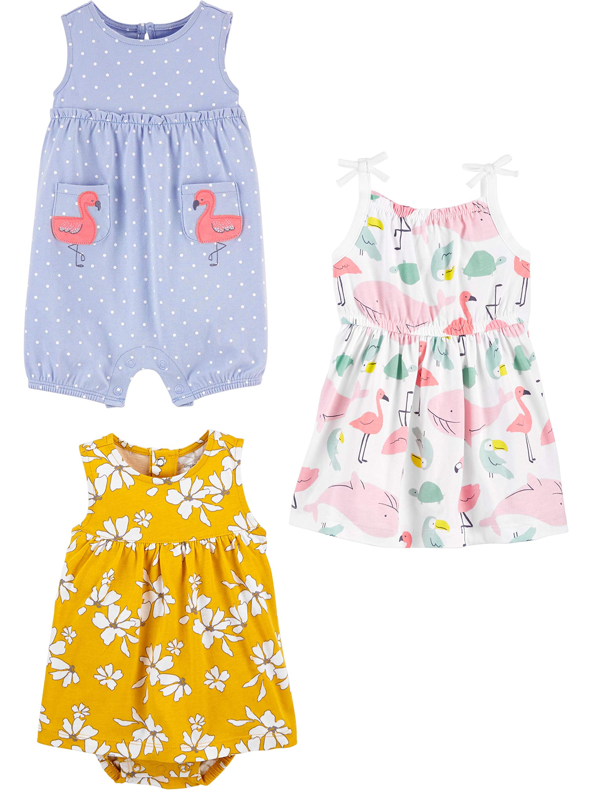 Carter's Baby Girls' 3-Pack Outfit Set - Romper, Sunsuit & Dress | Soft Cotton Playwear for Infants & Toddlers | Perfect for Summer, Playdates & Photo Shoots