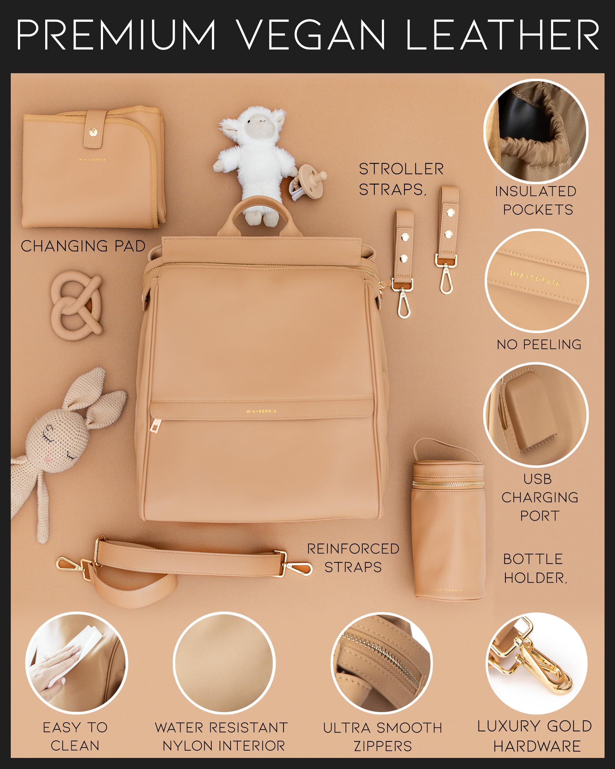 Premium Leather Diaper Bag Backpack with USB Charging Port, Insulated Bottle Pockets & Stroller Straps - Includes Changing Pad (Sophia Brown) | Perfect Baby Shower Gift & Hands-Free Parenting Essential for Travel, Park Outings & Daily Use